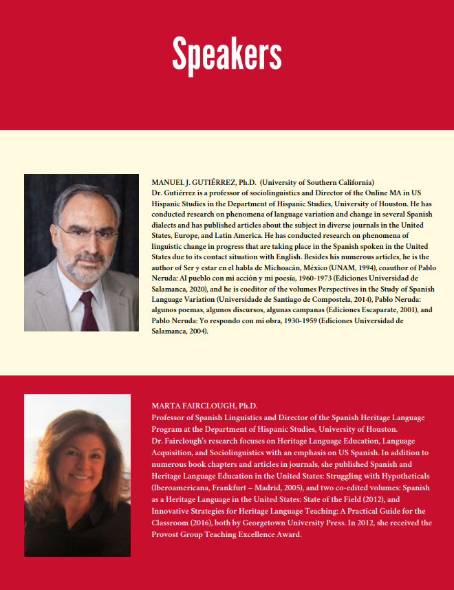 El taller de Desarrollo Profesional para maestros ofrecerá con AATSP Texas-Brazos el 11 de febrero.
Los invitados: 
Dra. María Cecilia Ainciburu
Dra. Marta Fairclough
Dr. Manuel J. Gutiérrez
Prof. Claudia A. Kechkian
Aquí está la enlace para registrarse:
uh.edu/class/calendar…