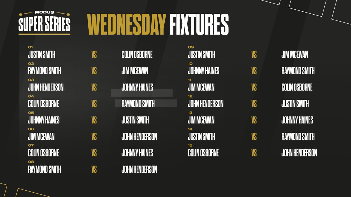 MSSdarts's tweet photo. Here we go the 15 matches that will decide the fate of our 6 players in Group A!

Join us live from 9.30am to watch the drama unfold @ModusDarts180 @reddragondarts @Winmau 

📺 @tv_sporty 
🖥 https://t.co/jAerNSqJPz https://t.co/muT4UTJRBQ