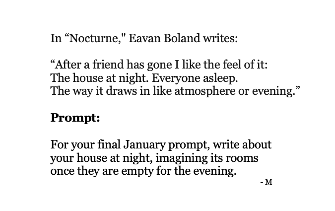 MayaCPopa's tweet photo. THE LAST JANUARY PROMPT...
comes from “Nocturne" by Eavan Boland:
"After a friend has gone I like the feel of it:
The house at night. Everyone asleep.
The way it draws in like atmosphere or evening."
Day 31 of #GenerativeJanuary: https://t.co/i0hBXTyPbb