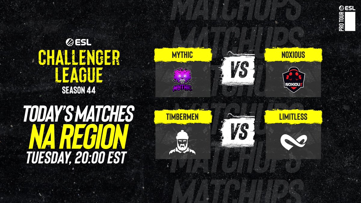 ESEA League (@esea) on Twitter photo Only 30 minutes until we are going live with both of NA's #ESLChallengerLeague matches
⚔️ <a href="/MythicRebornGG/">Mythic Reborn</a> vs. Noxious
🎙 <a href="/XnerCasts/">Cole McHenry</a> & <a href="/PhyCasts/">PHY</a>
📺 twitch.tv/esl_csgob
⚔️<a href="/timbermenGG/">timbermen</a> vs. Limitless
🎙<a href="/BoggsCS/">Boggs🎙</a> & <a href="/PineBoy_Supreme/">Bluejays Hater (with prejudice) Pineapple Philips</a>
📺 twitch.tv/esl_csgo Only 30 minutes until we are going live with both of NA's #ESLChallengerLeague matches
⚔️ <a href="/MythicRebornGG/">Mythic Reborn</a> vs. Noxious
🎙 <a href="/XnerCasts/">Cole McHenry</a> & <a href="/PhyCasts/">PHY</a>
📺 twitch.tv/esl_csgob
⚔️<a href="/timbermenGG/">timbermen</a> vs. Limitless
🎙<a href="/BoggsCS/">Boggs🎙</a> & <a href="/PineBoy_Supreme/">Bluejays Hater (with prejudice) Pineapple Philips</a>
📺 twitch.tv/esl_csgo