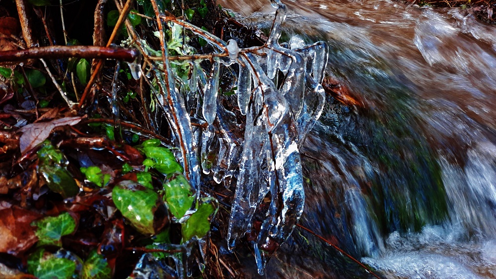 Cuando el agua se vuelve solida y se congela en los arroyos.