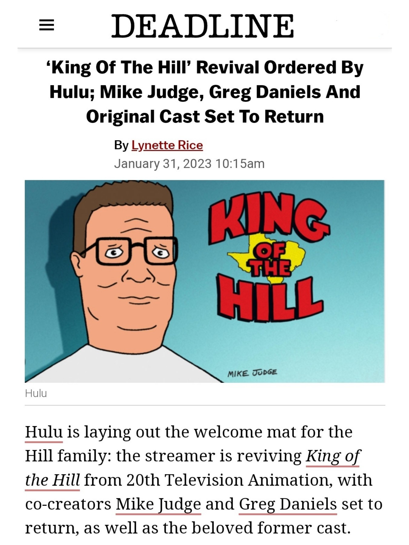 King of the Hill' Revival Ordered at Hulu