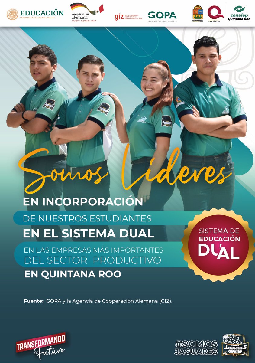 Acorde a información oficial de la Agencia de Cooperación Alemana (GIZ) a través de la consultora GOPA en México, ocupamos el Primer lugar en media superior en la inserción de estudiantes al sistema DUAL en el Estado y en la región. 

#TransformandoTuFuturo 
#PrimeroCONALEP