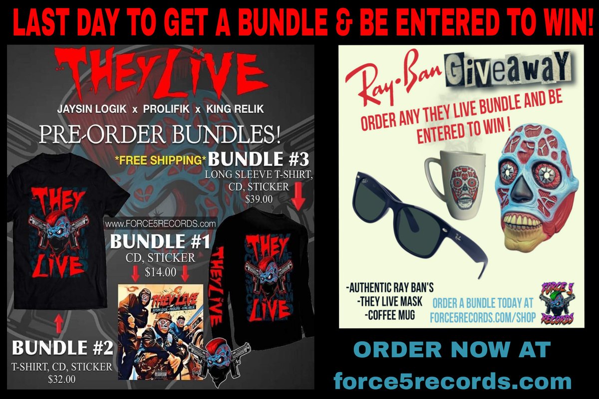 KINGRELIKOFFIC1's tweet photo. Last day to Buy this pre order bundle!!!!!!! Go now and have the chance to win a fresh pair of Ray-Ban sunglasses a they live mask and rad mug so enter and win and then tune into the podcast at 8:00 p.m. Friday night won. Subscribe to the force5records YouTube. https://t.co/J4ayLM411W