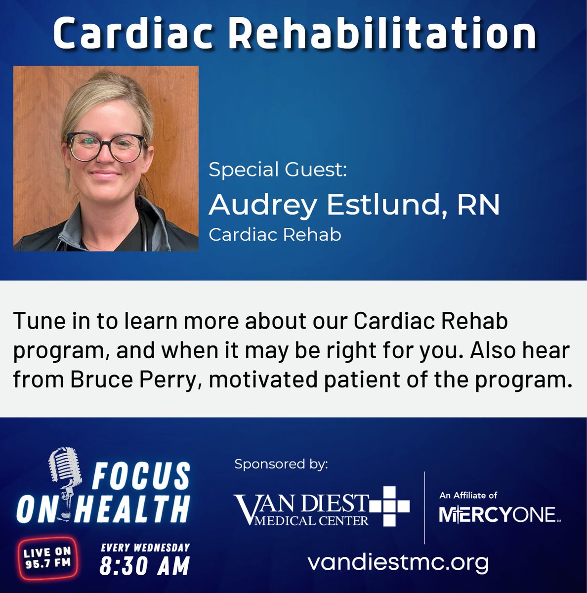 Listen in on this week's episode of Focus on Health Wednesday morning at 8:30am.
Listen Live online!
radio.securenetsystems.net/cwa/KQWC
Past episodes can be found on our website!
vandiestmc.org/registration/r…