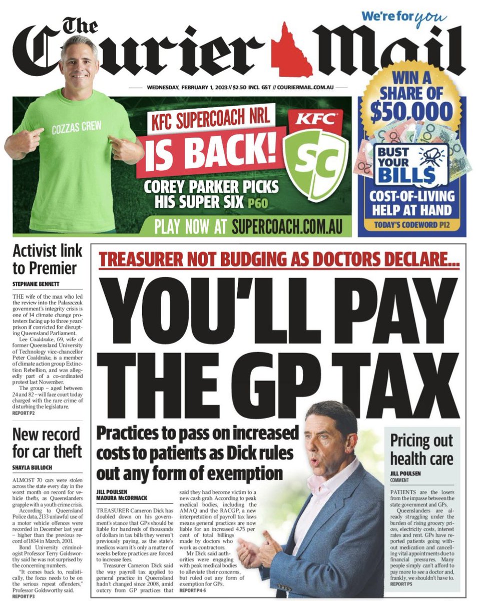 We & @RACGP are keeping your nonsensical #patienttax on the front page so our government knows exactly why it will hit our most vulnerable Queenslanders the hardest. A state tax on your access to federally funded healthcare just doesn't add up. @ama_media