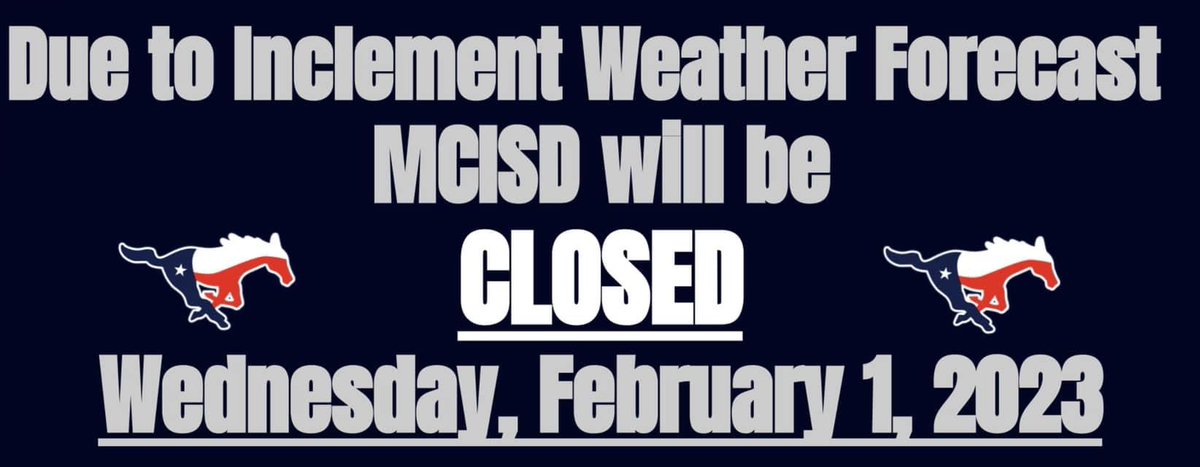 MCISD's tweet photo. UPDATE:  Due to the worsening forecast for tomorrow, Madisonville CISD is canceling classes on Wed, Feb 1. We will continue to follow the forecast as well as monitor road conditions, and will inform you as soon as possible regarding plans for resuming classes on Thursday, Feb 2. https://t.co/exmbRCZMYX