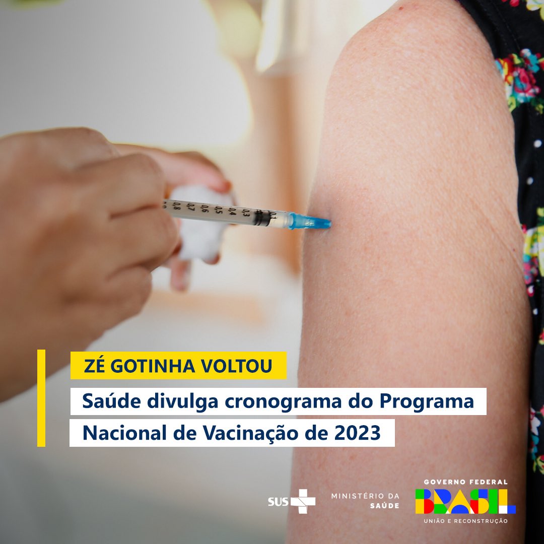 Divulgamos nesta terça (31/1) o cronograma do Programa Nacional de Vacinação 2023. As ações devem começar a partir de 27 de fevereiro, com a vacinação com doses de reforço bivalentes contra a Covid-19. O Zé Gotinha voltou.  bit.ly/3JtXsaG +