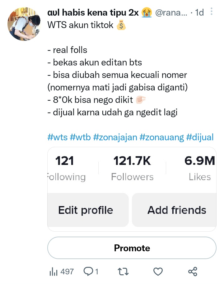yoongiust_'s tweet photo. HELP RT &amp; LIKE

Scammer jual beli akun tiktok 
@fromayya ‼️

a thread https://t.co/ooFocz0Ubz