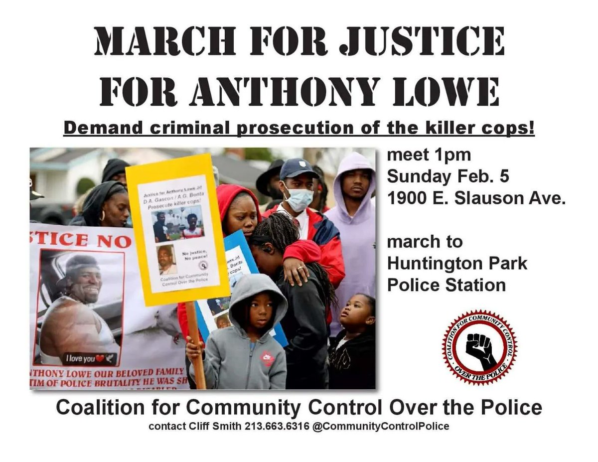 CMTYCtrlPolice's tweet photo. Full weekend of events:
2/3 Friday 12pm, 211 W Temple
2/4 Saturday 12pm, 107th/Budlong
2/5 Sunday 1pm, 1900 E Slauson Ave
Please share
#AjWeber #DijonKizzee #TakarSmith #OscarDeleon #AnthonyLowe #CesarRodriguez #HowLongGascon? https://t.co/Ade5828B1P