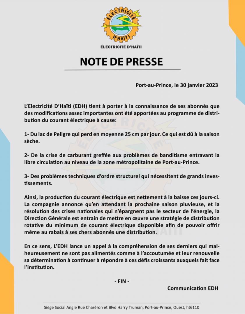 laviinfo509's tweet photo. Depuis quand, en Haïti, l'EDH n'offrait pas l'energie électrique, au rabais, à ses chers abonnés? Rien de nouveau à travers cette note datée du 30 janvier, dans laquelle l'EDH dit miser sur la prochaine saison pluvieuse et la résolution des crises nationales. Quel est le non dit? https://t.co/pVnqrIvoA8