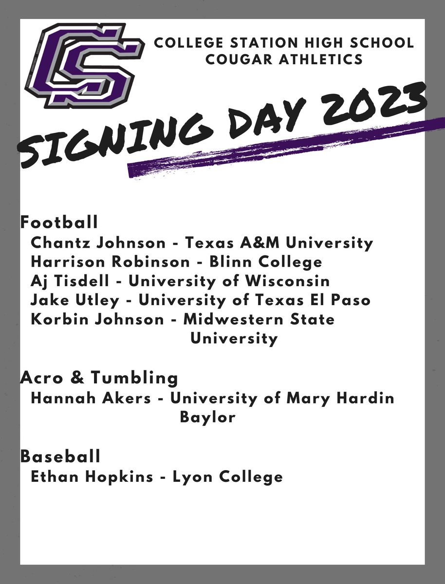 🟥📢RESCHEDULED📢🟥
(Due to CSISD schools being closed on Wednesday, Feb 1)

🟣CSHS SIGNING DAY INFO🟣
📍CSHS Auditorium
🗓 Thursday, February 2nd
⏰ 3:15 PM