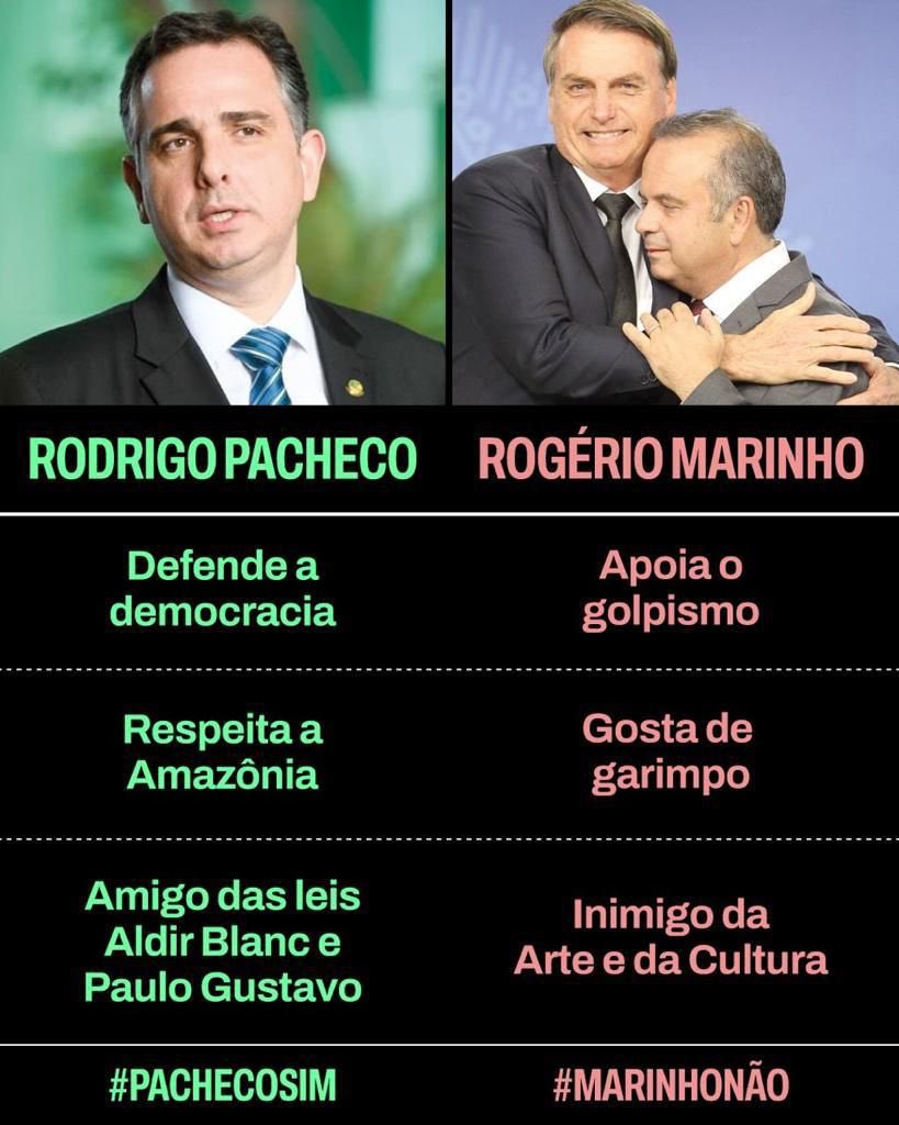 Uma escolha muito fácil. Democracia x Golpismo, Preservação x Destruição, Fomento x Criminalização do Setor Cultural. Atenção Senadores, não vamos aceitar um defensor do legado de morte e destruição do Bolsonarismo na Presidência do Congresso. #PachecoSim #MarinhoNão #342Senado.