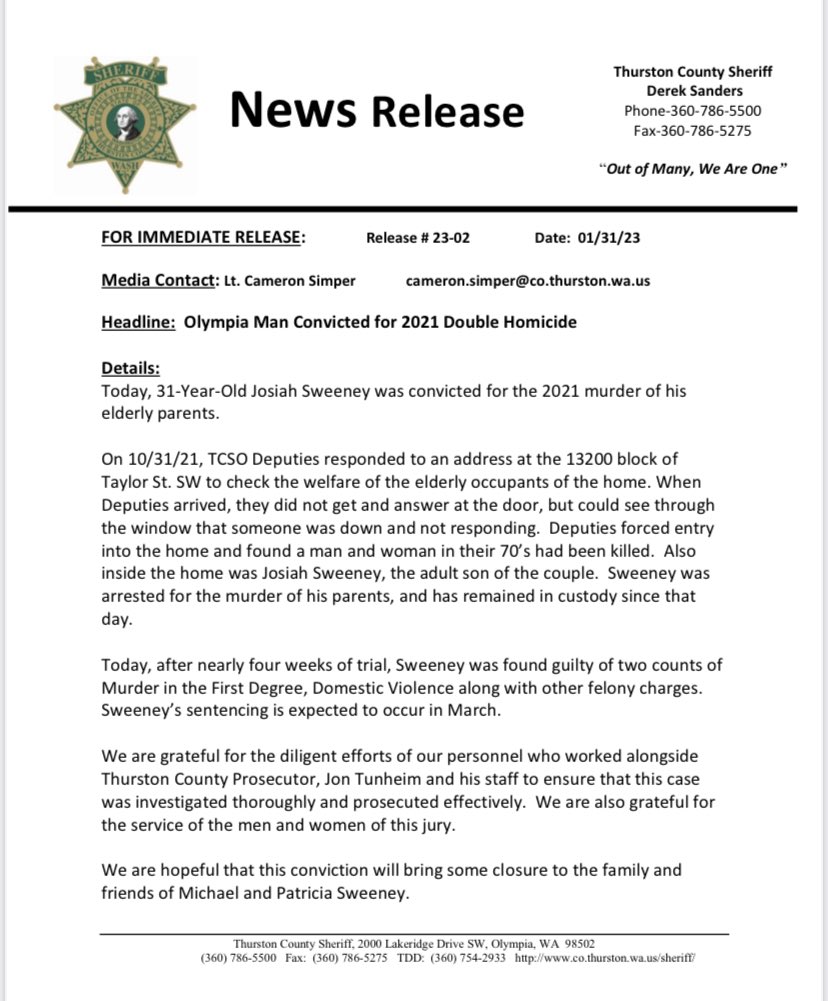 Olympia Man Convicted for 2021 Double Homicide