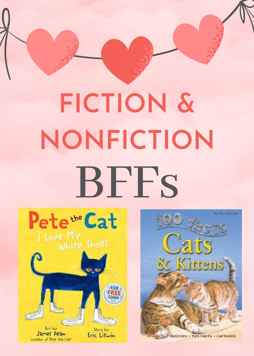 Looking for a different #ValentinesDay #bookdisplay for your #schoollibrary? How about “Fiction & Nonfiction BFFs”! 
If kids tend to gravitate toward one or the other, this may pique their interests to read something new! For example, Pete the Cat beside a book of cat facts…🧵