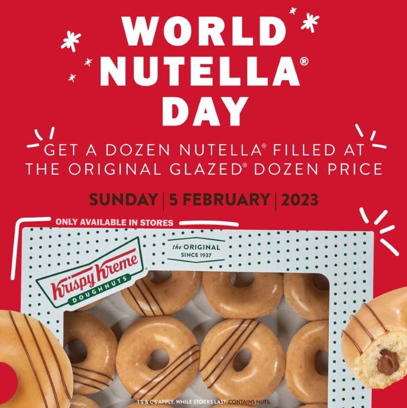 🍩🍩🍩🍩🍩♥️🍩🍩🍩🍩🍩 

Celebrate #nutelladay with <a href="/krispykreme/">Krispy Kreme</a> this Sunday and get a Nutella® filled dozen for the price of the Original Glazed® dozen! 

Get your 🍩 fix in stores only. No purchase limit per guest. While stocks last. Ts and Cs apply.

#KKSA