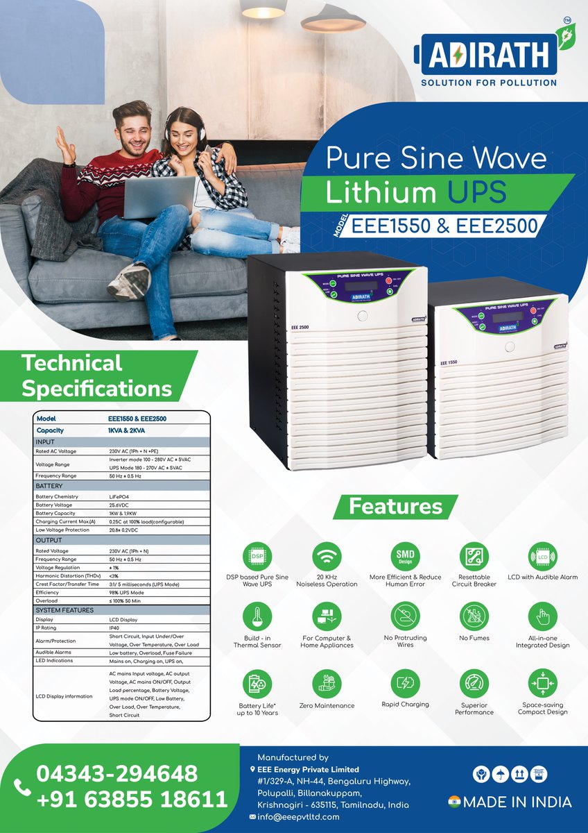 Adirathbattery's tweet photo. Adirath Pure Sine Wave Lithium UPS⚡️.
Unique Power Support for Your Home and Workplace.
For Dealership and Product Details, Contact
Phone No: +918807487020, +91887489020, 063855 18611
Email Id: info@eeepvtltd.com, sales@eeepvtltd.com
Visit: https://t.co/dAZtLl7DKQ
#Adirath https://t.co/nKDc2sNHxJ