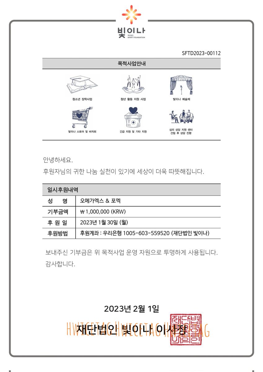 hwicetag's tweet image. 🧡💙 SHINING OMEGA X 💙🧡

On January 30th, 2023, a total of ₩1,000,000 was donated to The Shiny Foundation in honor of Omega X and For X.
1월30일 오메가엑스와 포엑을 기념하기 위해 1,000,000원이 재단법인 빛이나에 기부되었습니다.

#오메가엑스 #OMEGA_X #포엑 #ForX #PROTECTOMEGAX