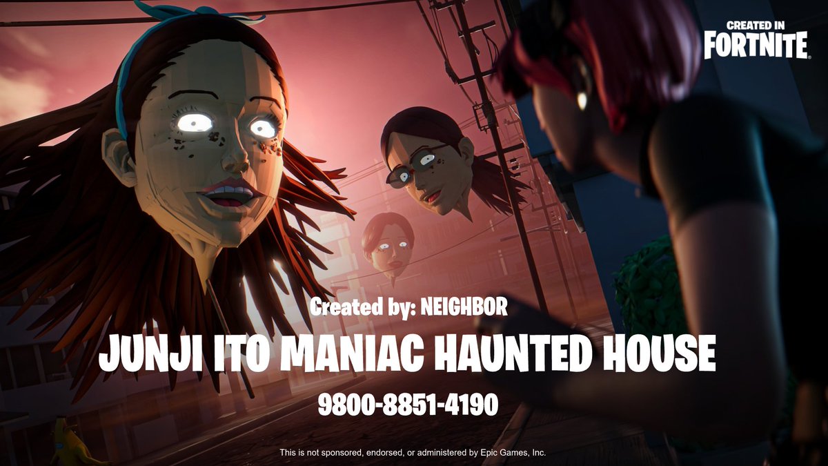 "Junji Ito Maniac: Japanese Tales of the Macabre" is now available on Fortnite! You can experience "Hanging Balloon," "Tomie Photo," "Soichi's Beloved Pet," "Tomb Town," and "Headless Statue" on this map! Come and play with us!
Code: 9800-8851-4190
PV: youtu.be/ZUEkjcUztEQ