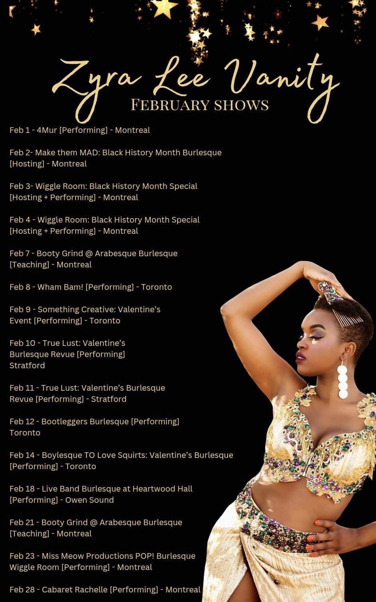It’s officially February &amp; I’m so excited to have a stacked month with shows in Montreal, Toronto, Stratford &amp; Owen Sound! 🌟 I’m celebrating both Black History Month &amp; Valentines all month long! 💫👏🏾🌹

T!ckets to all Events: linktr.ee/Zyraleevanity?…