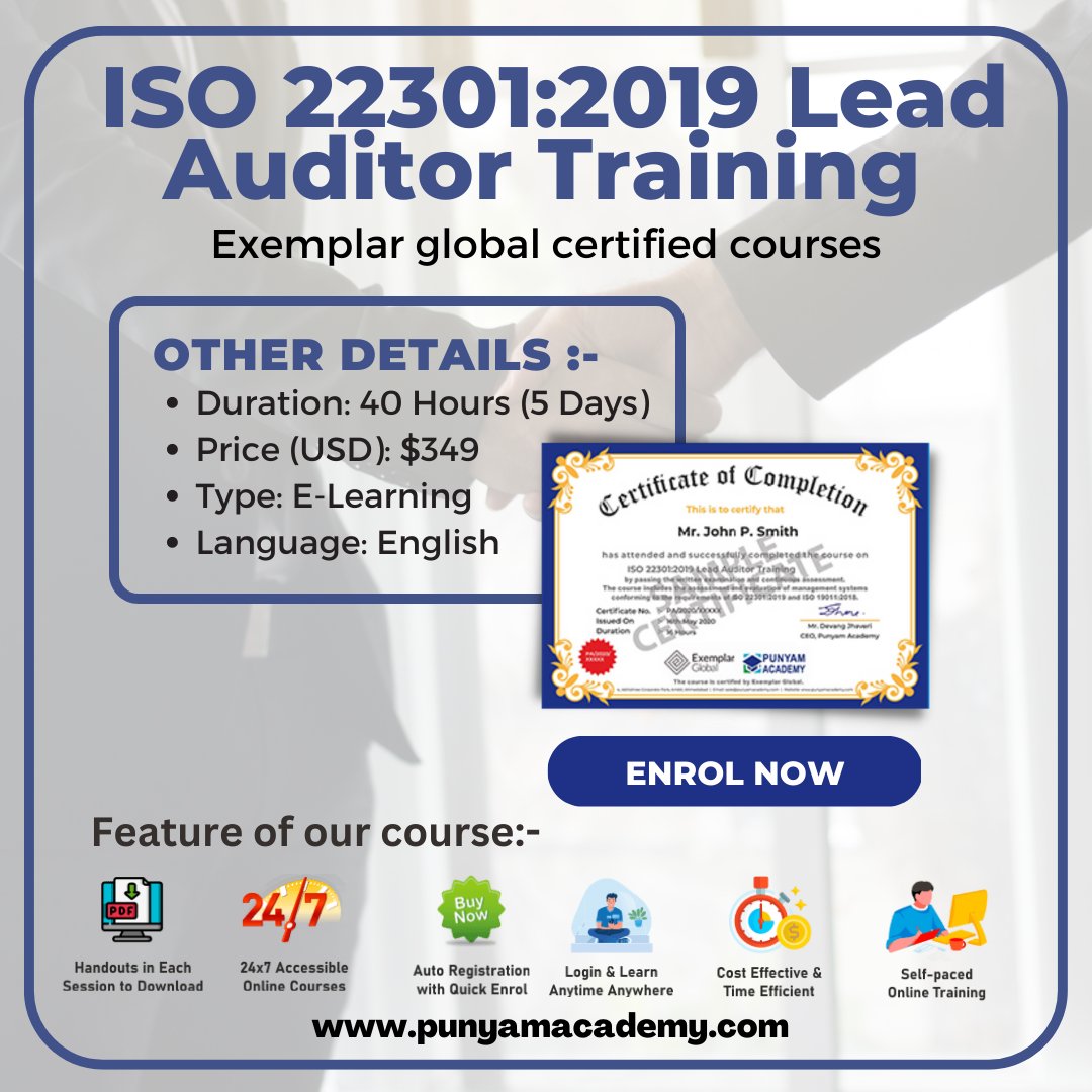 punyamacademy's tweet photo. The ISO 22301:2019 lead auditor online course
Find out more about the course:-
https://t.co/57PuTh0O0o
#iso22301 #iso22301_2019 #iso223012019 #iso22301certification #iso22301auditor #businesscontinuity #leadauditor #leadauditortraining #leadauditorcourse https://t.co/bkefzfHY6W