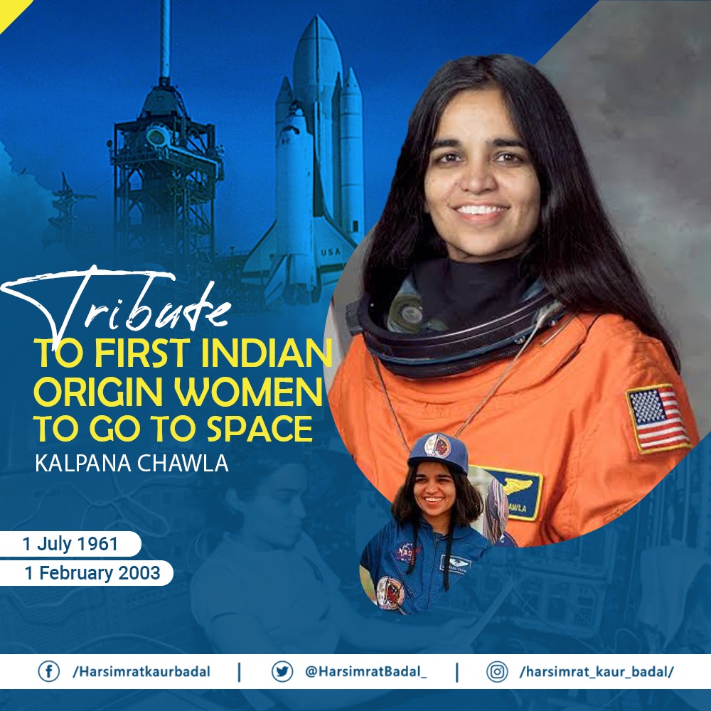 HarsimratBadal_'s tweet photo. Remembering Kalpana Chawla, the first woman of Indian origin in space, on her death anniversary. Her determination and grit has been an inspiration to millions of young girls &amp; women to chase their dreams. #KalpanaChawla https://t.co/rnzkTKLZqg