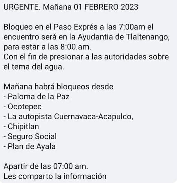OmarConU's tweet image. Gente bonita de la zona norte de #Cuernavaca, tomen sus precauciones para mañana. Habrá bloqueos desde las 7-8 am en distintos puntos de la ciudad por el tema de #SAPAC. 🕊️ de la paz, Ocotepec, Ahuatepec, chamilpa, paso express, etc. En pocas palabras, La ciudad será un caos.