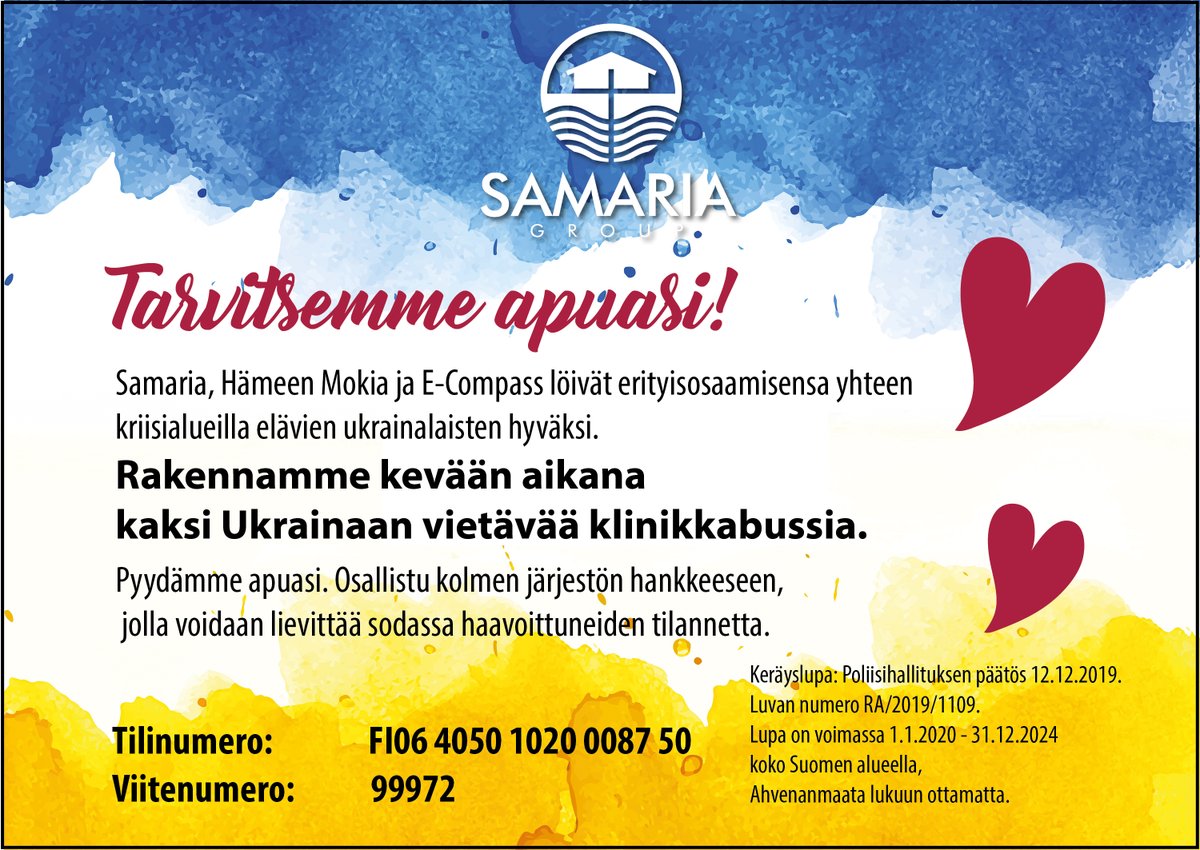 SamariaRF's tweet photo. Samaria, Hämeen Mokia ja E-Compass löivät erityisosaamisensa yhteen kriisialueilla elävien ukrainalaisten hyväksi. Osallistu kolmen järjestön hankkeeseen, jolla voidaan lievittää sodassa haavoittuneiden tilannetta. 
💙💛
Tilinumero: IBAN: FI06 4050 1020 0087 50
Viitenumero: 99972 https://t.co/eshp8J5EOa