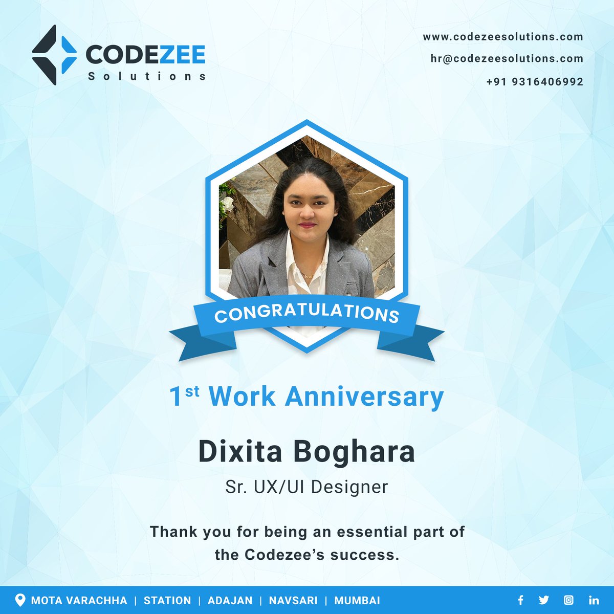 CodezeeSolution's tweet photo. Thank you for being a valuable member of the team. We wish you continued success with us. Happy work Anniversary.
Wishing you a happy work anniversary Dixita Boghara
Team Codezee Solutions PVT LTD
#workanniversary #anniversary #codezeesolutions https://t.co/kGhECAgjN5