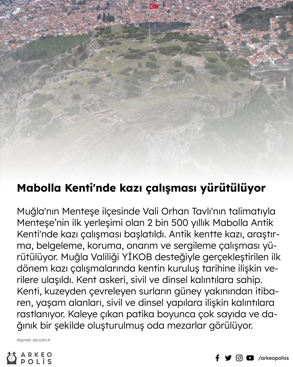arkeopoliss's tweet photo. Muğla'nın Menteşe ilçesinde Vali Orhan Tavlı'nın talimatıyla Menteşe’nin ilk yerleşimi olan 2 bin 500 yıllık Mabolla Antik Kenti'nde kazı çalışması başlatıldı. Antik kentte kazı, araştırma, belgeleme, koruma, onarım ve sergileme çalışması yürütülüyor. https://t.co/bRpPSEHhWO