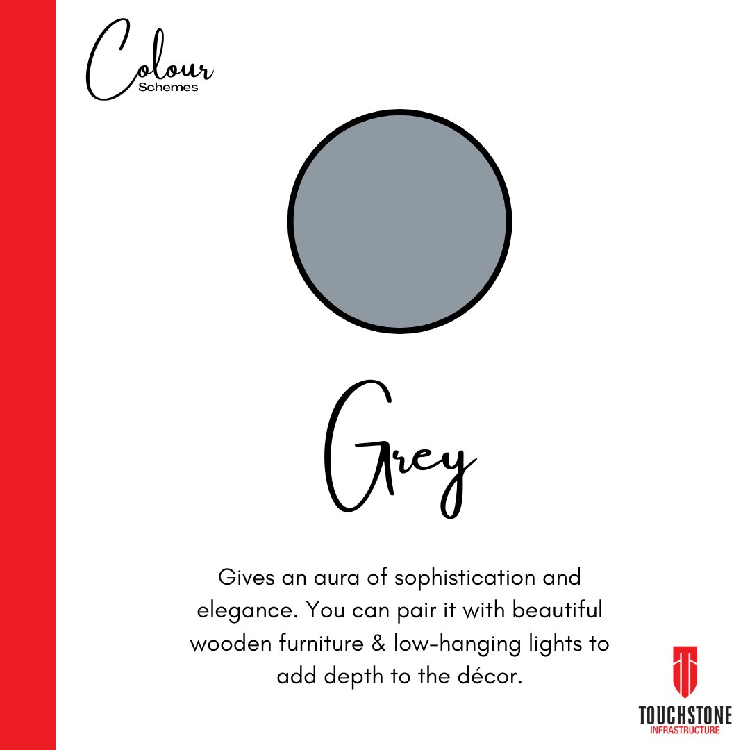 touchstoneinfra's tweet image. ⭐Colour Schemes⭐
&quot;Grey&quot; - Gives an aura of sophistication and elegance. You can pair it with beautiful wooden furniture &amp;amp; low-hanging lights to add depth to the décor.

#grey #colourscheme #colourschemes #colorschemes #officecolor #officedesigner #touchstoneinfrastructure