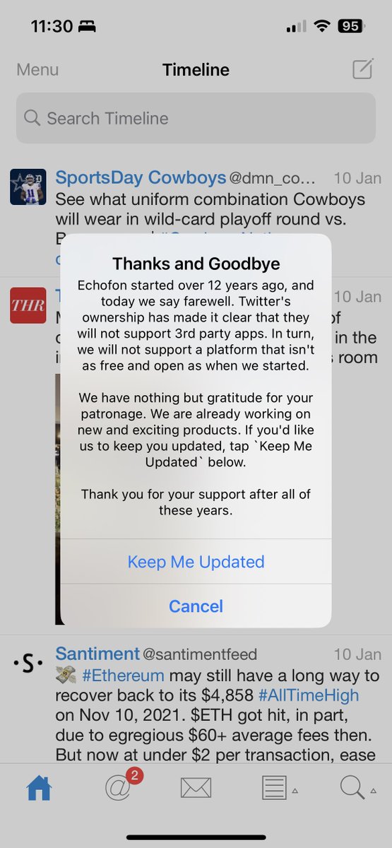 Stingertail's tweet photo. And just like that @echofon is finished. Day 1er for all 12 yrs, back when it was called Twitterfon. What happen to open source @elonmusk? Twitter used to be at the forefront of innovation. Now they’ve killed 3rd party apps that helped make Twitter what it is today. #echofon https://t.co/b9BpDgcOHp