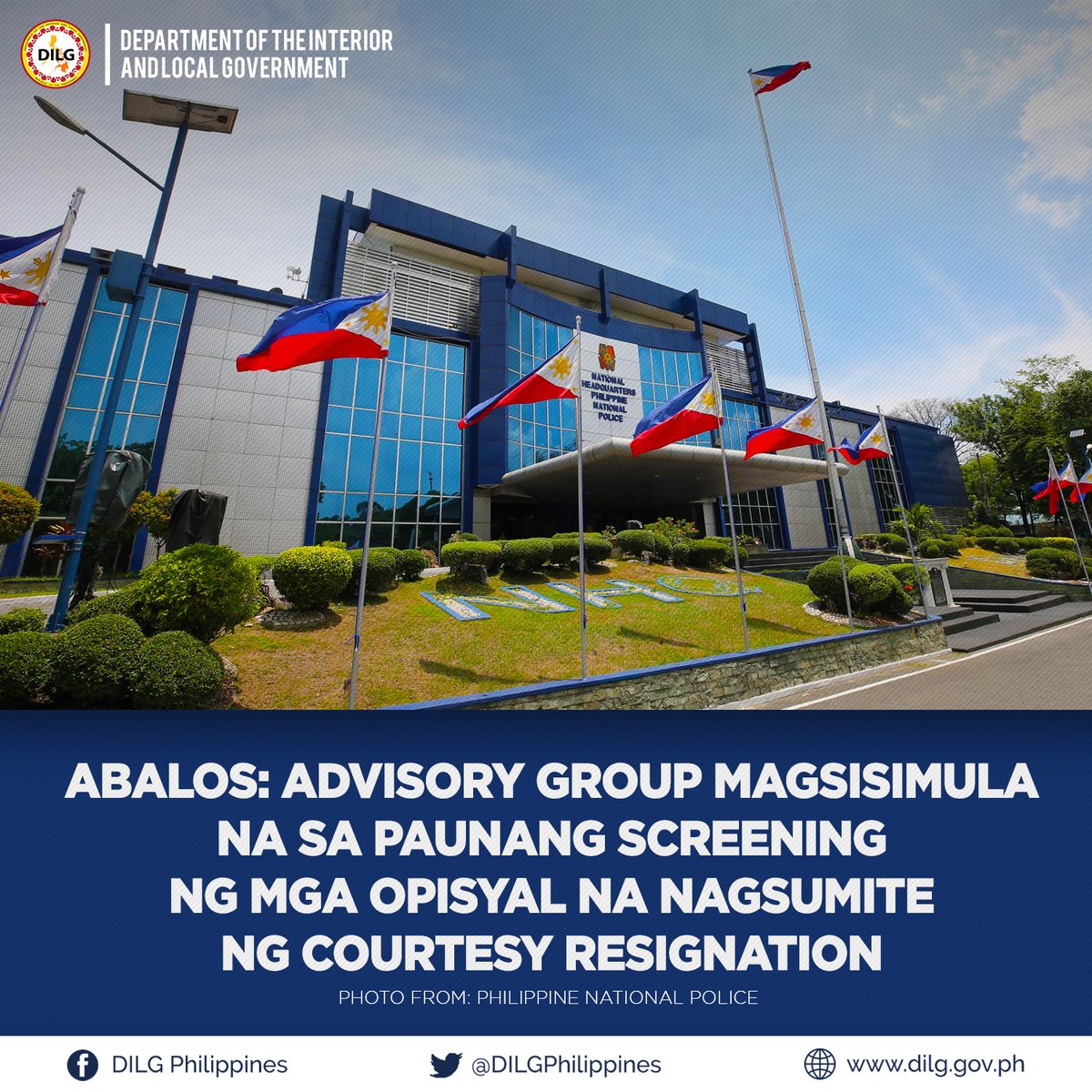 DILGPhilippines's tweet photo. Abalos: Advisory Group magsisimula na sa paunang screening ng mga opisyal na nagsumite ng courtesy resignation https://t.co/7GLwzCOCHI

#DILGNatin https://t.co/Mew8g8SS0W
