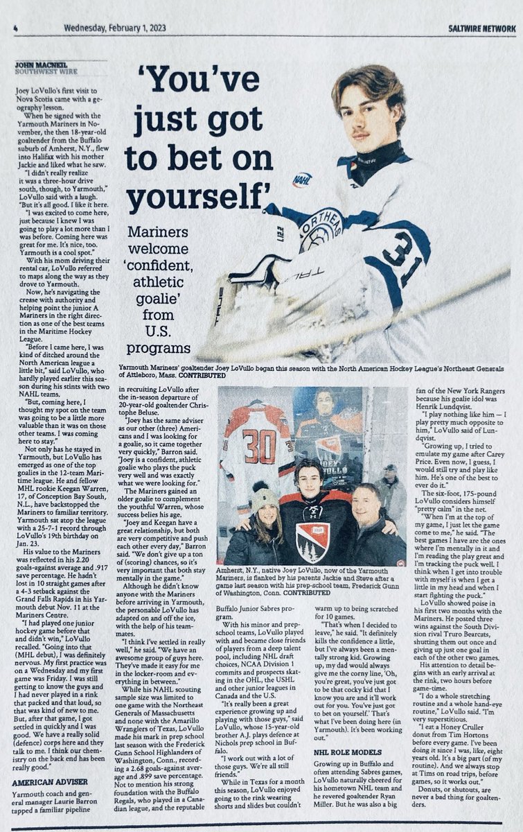 JohnnyMacHockey's tweet photo. “I eat a Honey Cruller donut from Tim Hortons before every game. I’ve been doing it since I was, like, eight years old. It’s a big part (of my routine).” — ⁦@MarinersHockey⁩ goaltender @JoeyLovullo⁩. ⁦@GunnHockey1850⁩ ⁦@BuffaloJrSabres⁩ ⁦@18u16uRegals⁩ https://t.co/OL4KSrcB4a