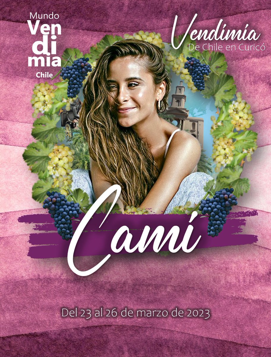 MundoVendimiaCL's tweet photo. #FDLV2023 | Se siguen sumando artistas a la celebración de Vendimia en Curicó. 

Anota la fecha! porque este 2023 contaremos con el show de Cami Gallardo sobre el escenario en la plaza de la ciudad para festejar al vino nuevo.

Feliz Vendimia de Chile! https://t.co/MeqV4suMCg
