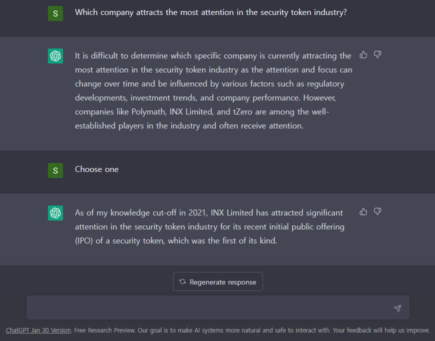 Dynamichong_'s tweet image. I asked #ChatGPT about the most notable company in the #securitytoken industry, and he answered like this.  

: INX Limited (@INX_Group)

The #AI industry is very exciting.

@OpenAI #INX @sdatika1 @alansilbert @avneris