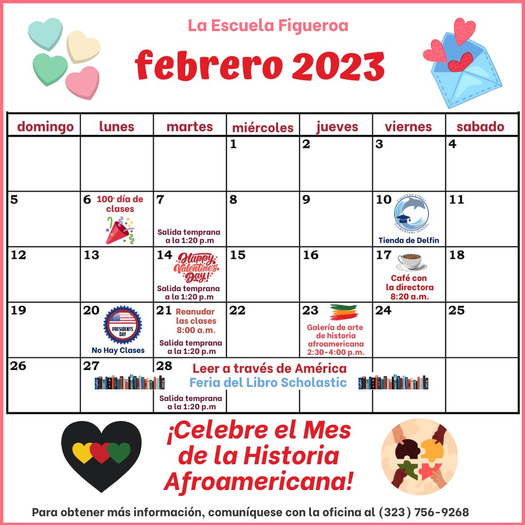 🐬Hello Figueroa Families🐬! Just a reminder of upcoming events this month! 🏫💗📚👩🏽‍🎨🎨🖼️

🐬¡Hola Familias de la Escuela Figueroa🐬! ¡Un recordatorio de los próximos eventos de este mes!🏫💗📚👩🏽‍🎨🎨🖼️