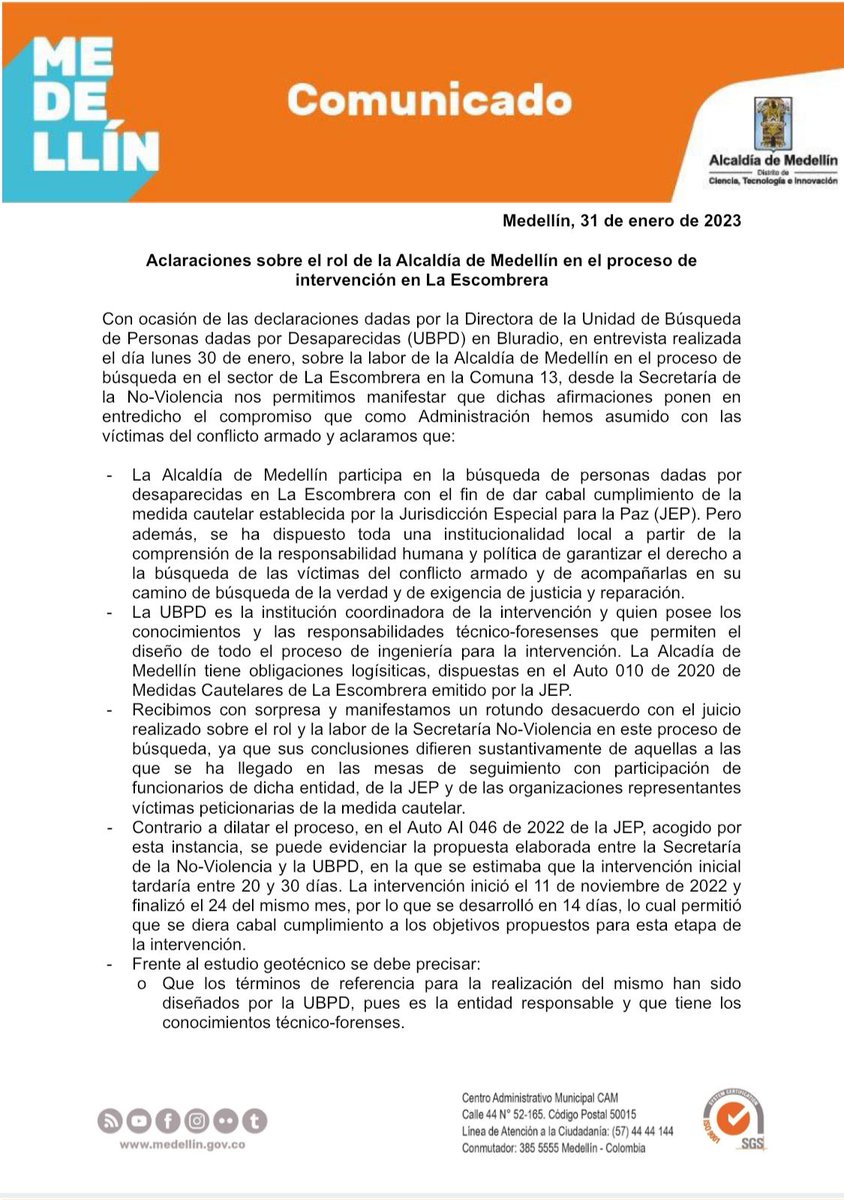 PazDDHHmed's tweet photo. Hacemos algunas claridades sobre el rol de la @AlcaldiadeMed en el proceso de intervención en #LaEscombrera.

Hacemos un llamado al trabajo institucional articulado, solidario, comprometido y sobre todo honesto, para garantizar el derecho a la búsqueda de las víctimas. https://t.co/z72krogexv