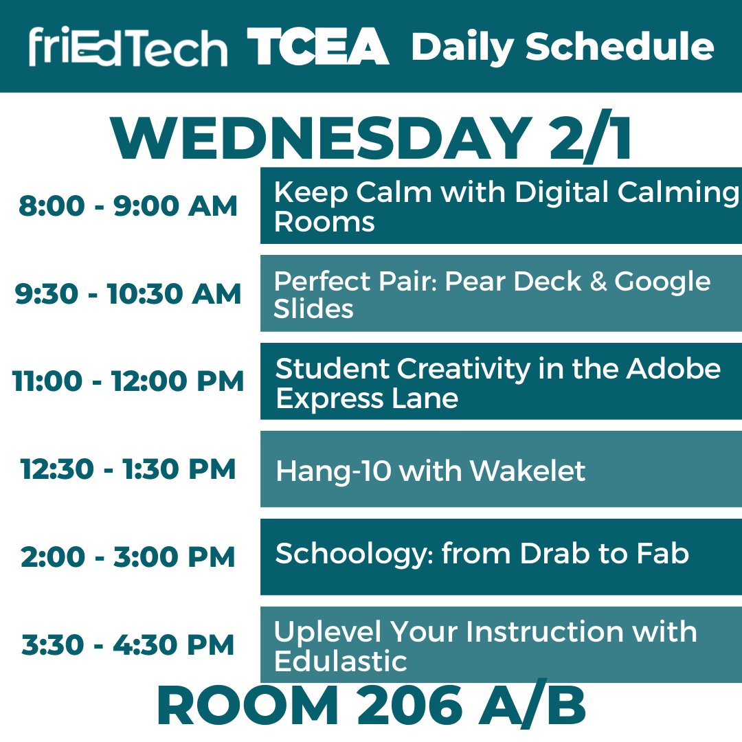 Only TWO more days left to join us in Room 206 AB for some excellent sessions and lots of fun! 🎉Here's our Wednesday lineup. #friedfan #tcea23 #tcea