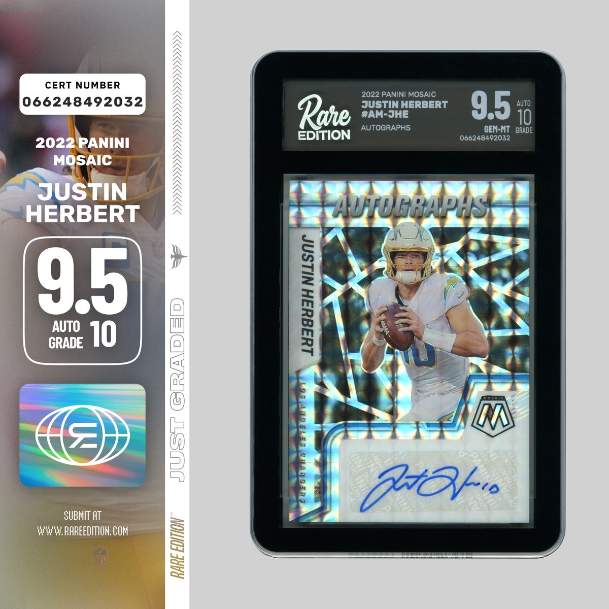 RareEditionCo's tweet photo. Here is another stunning Mosaic Auto in the Rare Edition Slab Club!

Justin Herbert
2022 @paniniamerica Mosaic
Autographs
Full Grading Report: https://t.co/Ke1HPWTwKl

#ElevateTheHobby and your collection at https://t.co/1aLCVFzY6G

#thehobby #nfl https://t.co/ZCHCmvS6lb