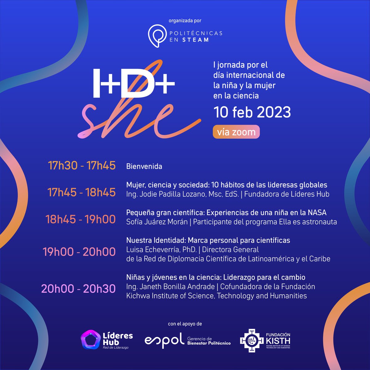 Acompáñanos en I+D+SHE, 1era jornada por el día internacional de la niña y mujer en la ciencia. #11F 👧🏽👩🏻‍🔬

Con el apoyo de <a href="/lidereshub/">Líderes Hub Ⓡ</a>, <a href="/BienestarESPOL/">Bienestar ESPOL</a> y el Kichwa Institute of Science, Technology and Humanities. 

Regístrate✨(certificado de asistencia✅) forms.gle/tXzyVCYnSaNyBH…
