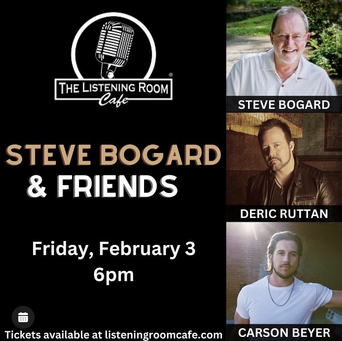 This Friday, 6:pm at The Listening Room! I haven’t played a Nashville songwriter show in a while. Looking forward to this one with one of my oldest friends in Nashville @SteveBogard and my new friend @CarsonBeyer @listeningroom