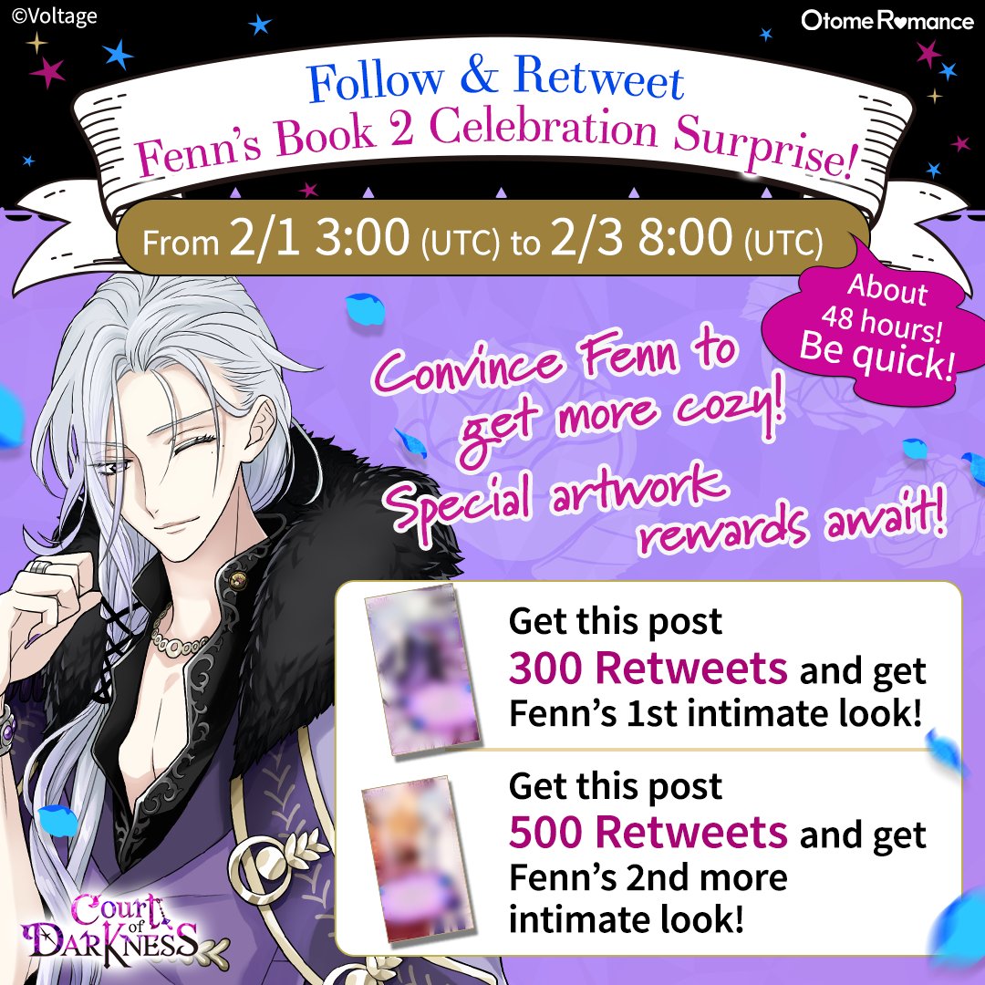 CourtDarkness's tweet photo. ✨Fenn Book 2's Celebration Surprise✨

Meet the goal and get exclusive hot? and fun? artwork of Fenn!
Let's get cozy ;)

How to enter: 
1- Follow @CourtofDarkness
2- Retweet this post until 2/3 8:00 (UTC)
3- Wait for the results! (1/2) https://t.co/tNIeK17Wy2