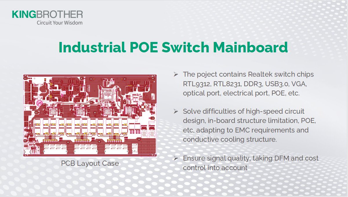 KingBrother_ltd's tweet photo. 【PCB Layout Case】The Industrial POE Switch Mainboard contains Realtek switch chips RTL9312, RTL8231, DDR3, USB3.0, VGA, optical port, electrical port, POE, etc.

#Kingbrother #pcbdesign #pcbdesigner #pcblayout #pcb #pcbassembly #pcbmanufacturing #pcbmanufacturer #electronics https://t.co/cHSrxAjVBP
