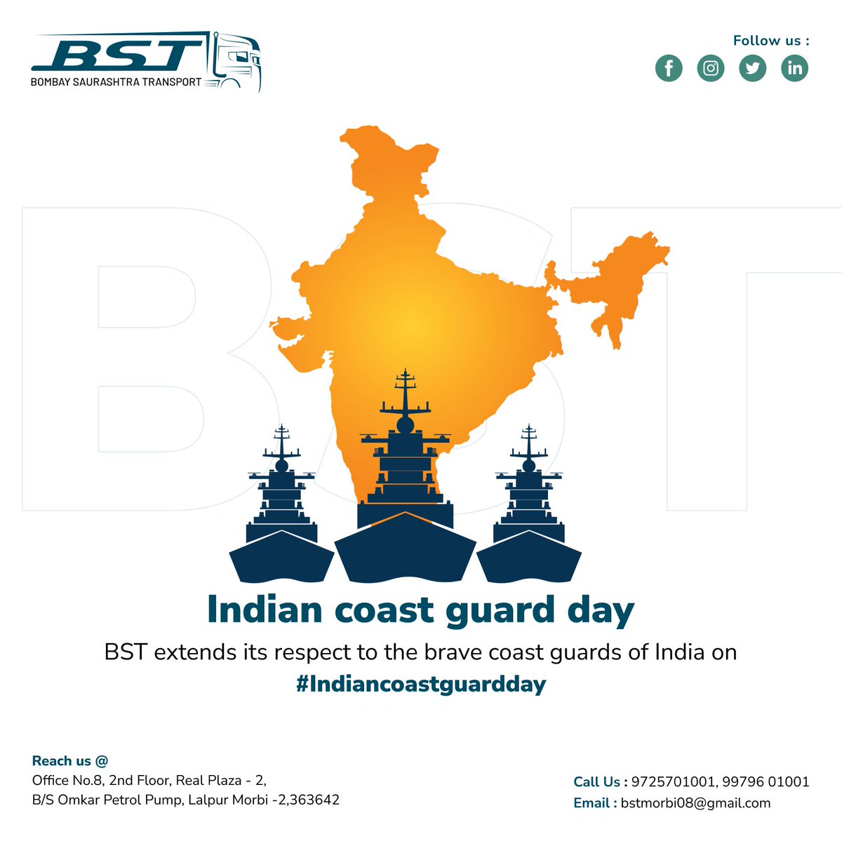 BSTmorbi's tweet photo. BST extend its respect to the brave coast guards of the India on
#IndianCoastGuardDay

#BST #transport #partload #fullload #transportation #logistics #Morbitransport #Mumbaitransport #Punetransport #trucking #shipping @IndiaCoastGuard https://t.co/BlFEq9lFrz