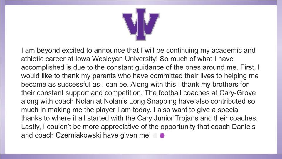 ThomasBurton05's tweet photo. Committed! Let’s Go Tigers!⚪️🟣
@CGTrojanFB @NolanOwenLS 
@Coach_Ski19 @CoachDaniels_IW 
@LucasBurton07 @JosephBurtonCG 
@CaryGroveHS @AthleticsCG https://t.co/xDXt7SkaCw