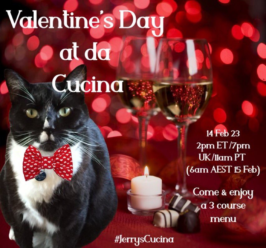 #JerrysCucina next event: Valentine's 💝 💘 Day. 
All welcome 🤗 Complimentary champagne 🥂 🍾 and chocolates 🍫 ..love 💕 is in da air . Singles also welcomes 
#CatsofTwitter #dogsoftwitter #Stuffies #Hedgewatch #ZSHQ #TheAviators #Furrytails #AussieCatsofTwitter #Anipals