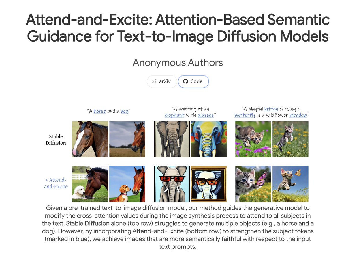 _akhaliq's tweet photo. Attend-and-Excite: Attention-Based Semantic Guidance for Text-to-Image Diffusion Models 

abs: https://t.co/tNBuPSi5qM 
project page: https://t.co/EEgPxsVuo7 
github: https://t.co/G2LNrgYRQb https://t.co/znQEVdIUM5