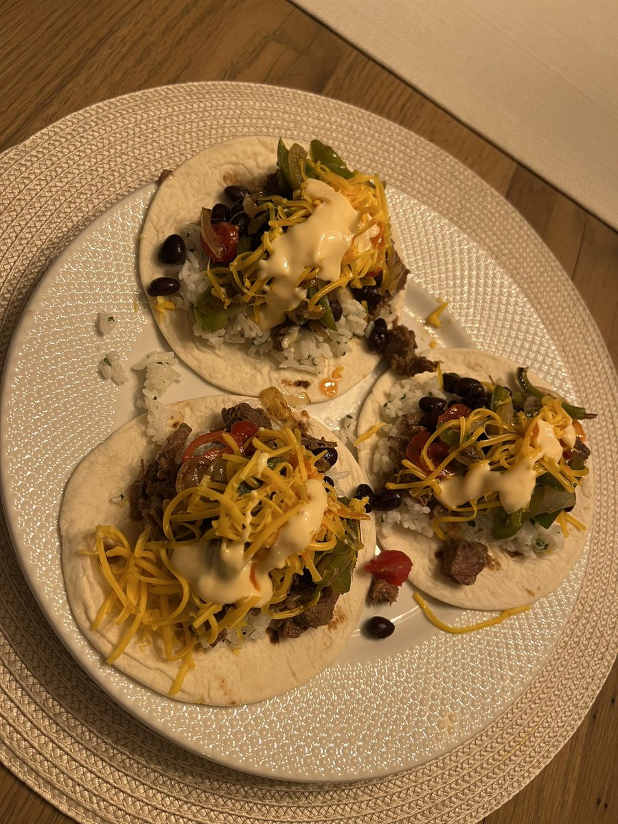 BitcoinSLO's tweet photo. Marinated steak (olive oil, adoba, garlic, onion powder, pink Himalayan salt) seared then crock potted 6 hours, cilantro lime rice, tomatoes, fresh fajita vegetables, cheddar cheese, yum yum sauce. #stupidGood https://t.co/a0vFYTHObr
