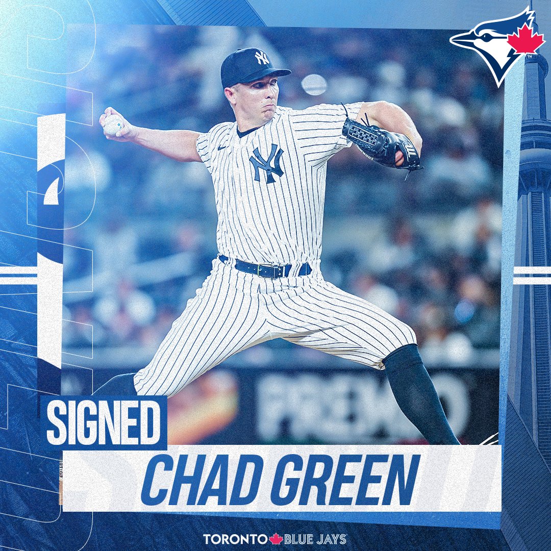 BlueJays's tweet photo. OFFICIAL: We've signed RHP Chad Green to a 2-year contract with options for the 2025 and 2026 seasons. 

Welcome to the #BlueJays, Chad! https://t.co/cl1AhLqlW8
